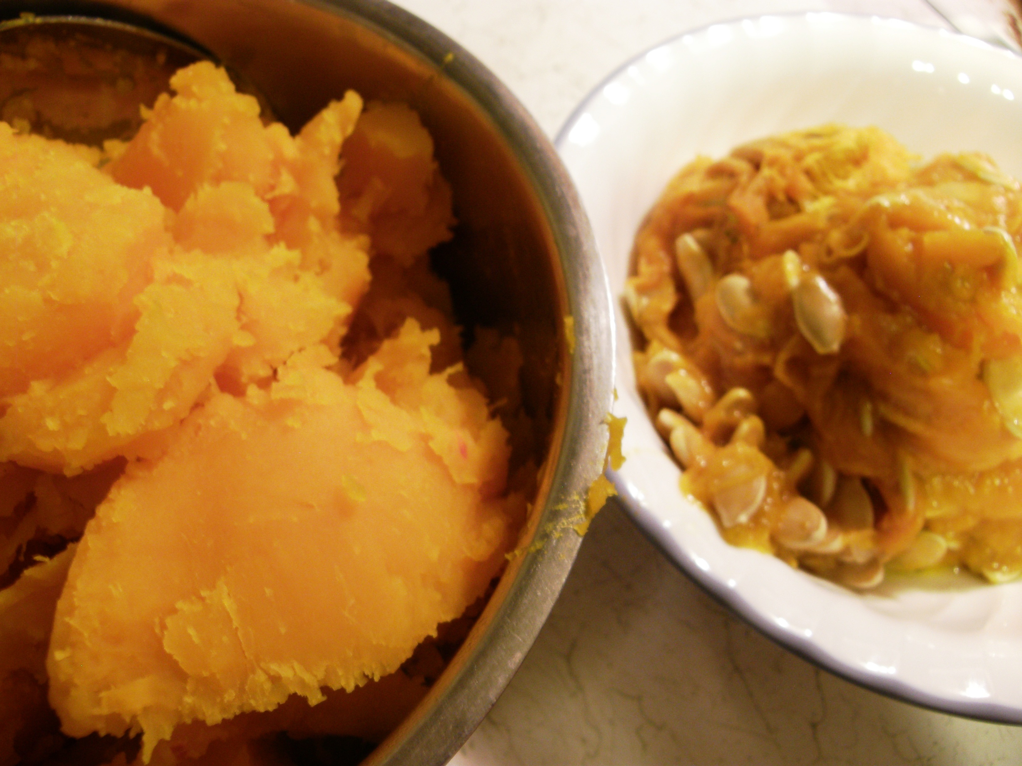 Seeds and Squash in Separate Bowls